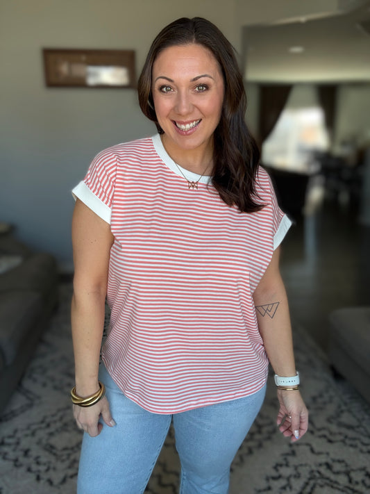 Zenana Full Size Contrast Trim Cap Sleeve Stripe Tee in Coral