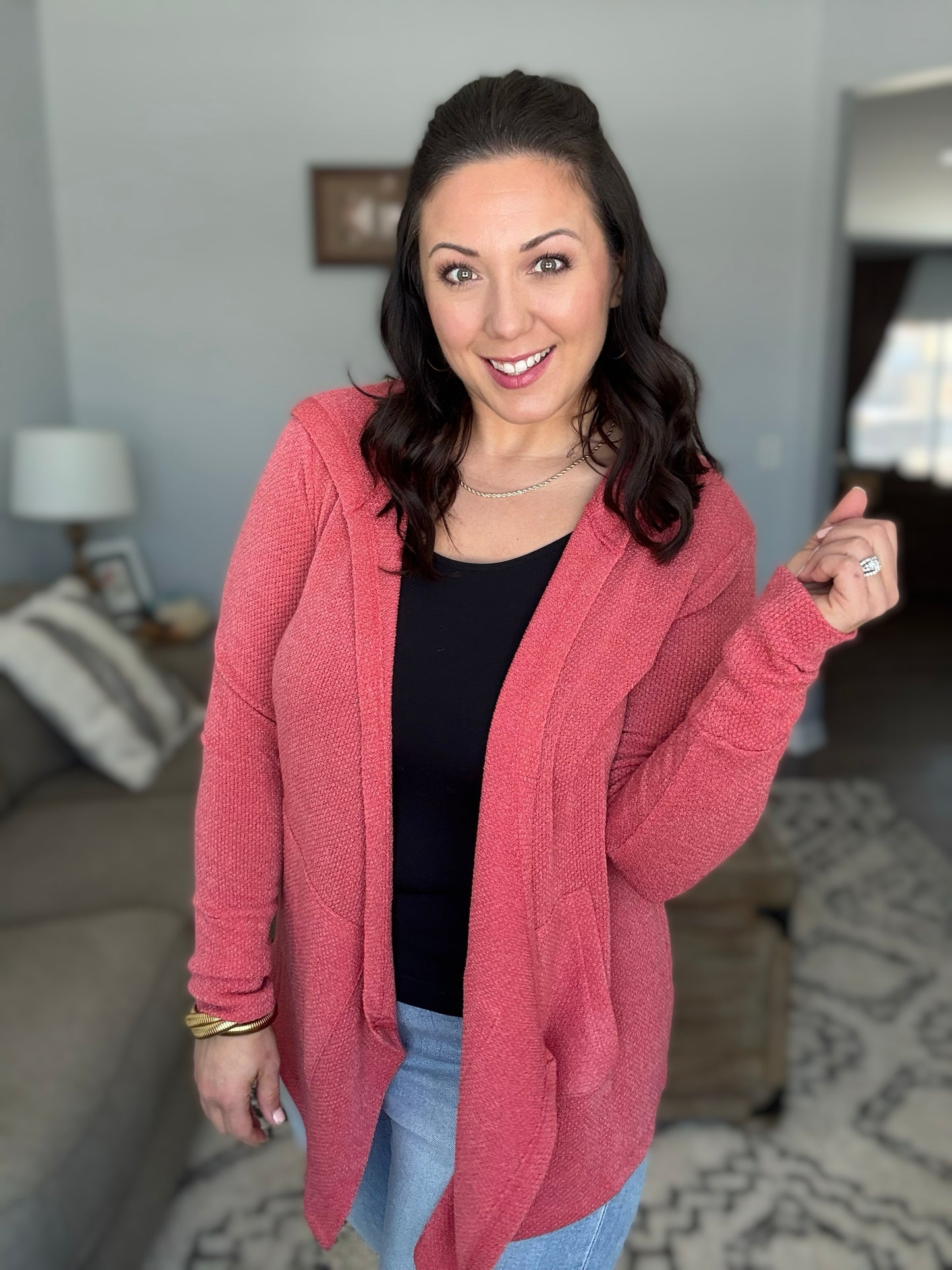 And The Why Thermal Hooded Open Front Cardigan with Pockets in Dark Rose