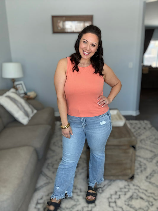RISEN Sabrina Tummy Control Vintage Lightwash Raw Hem Distressed Cropped Flare Jeans