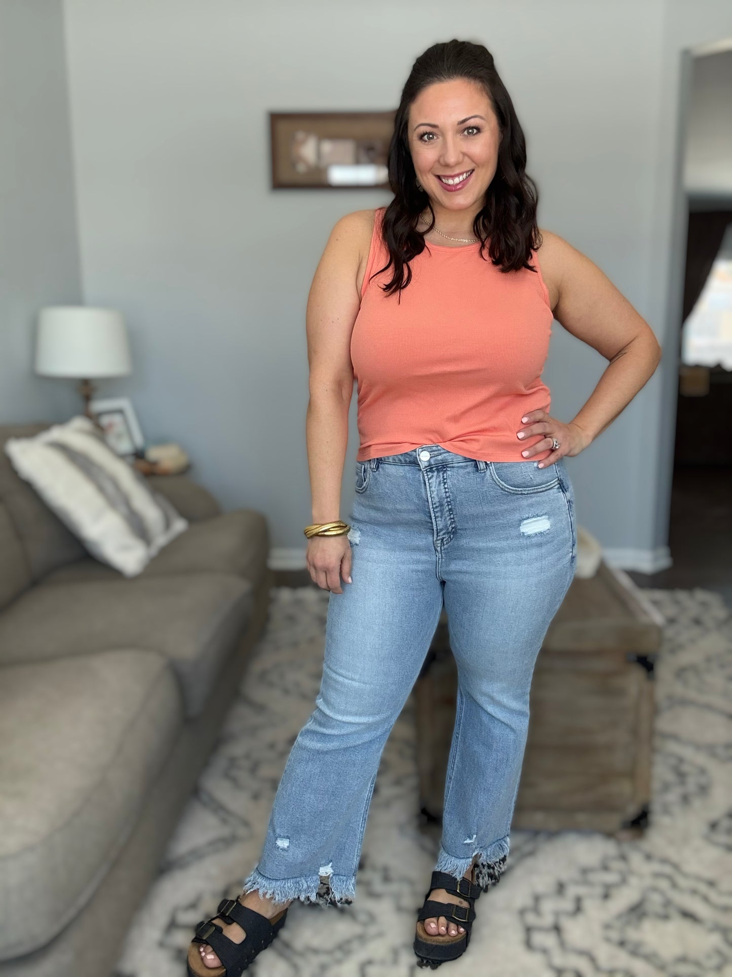 RISEN Sabrina Tummy Control Vintage Lightwash Raw Hem Distressed Cropped Flare Jeans