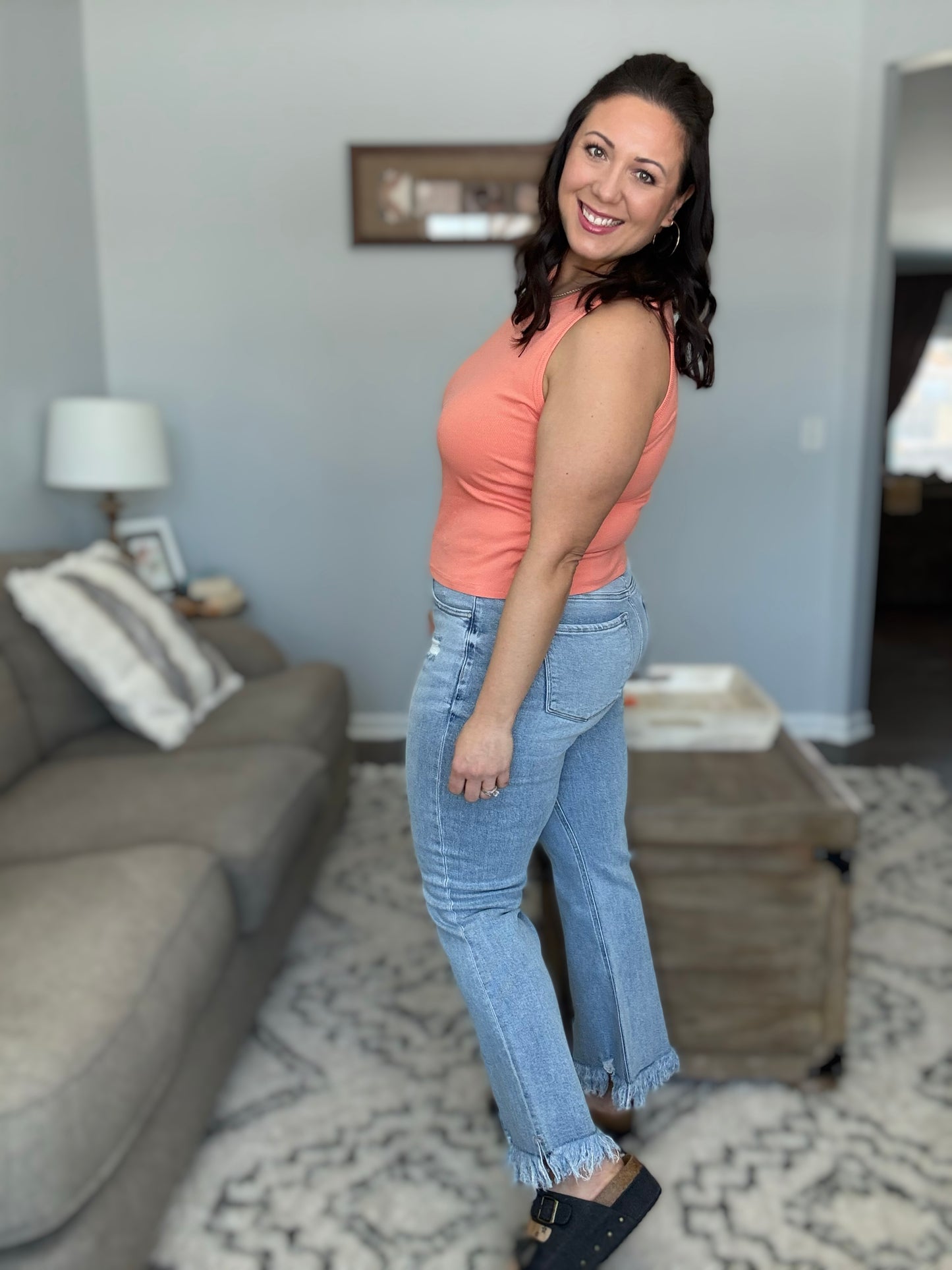 RISEN Sabrina Tummy Control Vintage Lightwash Raw Hem Distressed Cropped Flare Jeans