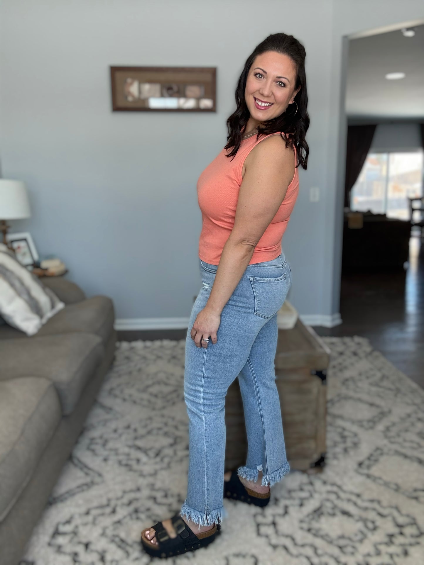 RISEN Sabrina Tummy Control Vintage Lightwash Raw Hem Distressed Cropped Flare Jeans