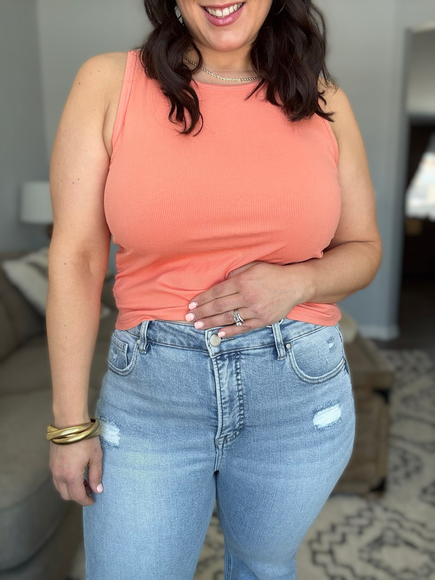 RISEN Sabrina Tummy Control Vintage Lightwash Raw Hem Distressed Cropped Flare Jeans