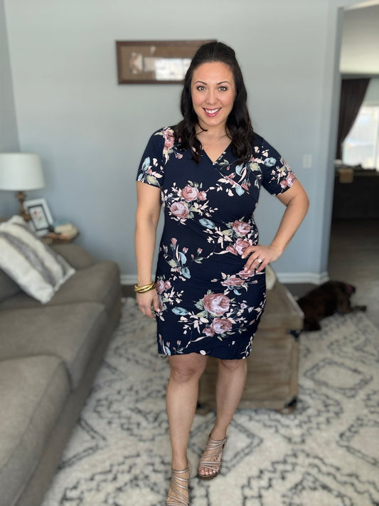 Heimish Ruched Surplice Mini Dress in Navy Floral