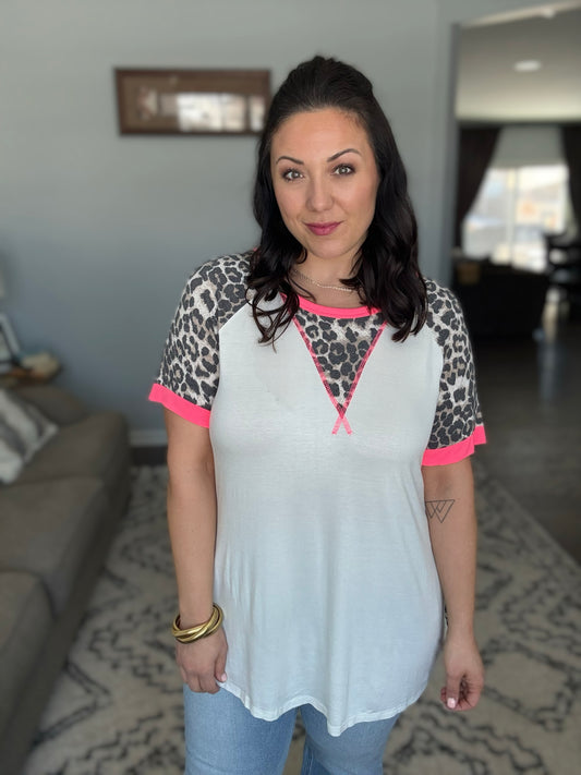 Heimish Leopard and Neon Pink Accent Raglan Short Sleeve Top