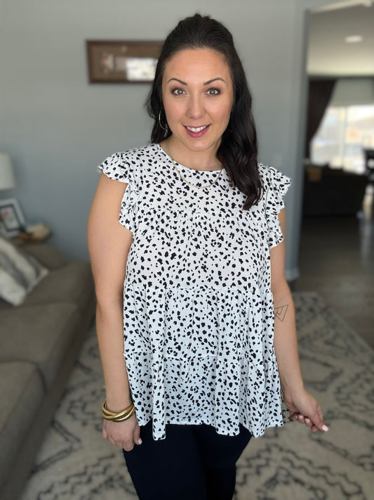 Heimish Snow Leopard Tiered Ruffle Sleeve Blouse
