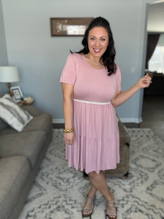 Heimish Solid Tiered Short Sleeve Dress with Crochet Lace Detail in Dusty Rose