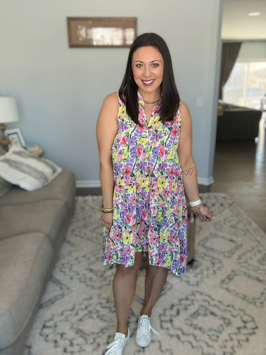 Umgee High-Lo Floral Sleeveless Tiered Dress in Violet Mix