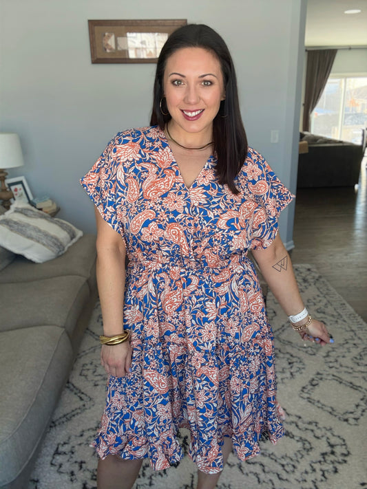 She + Sky Ruffled Hem Surplice Floral Mini Dress in Royal and Orange
