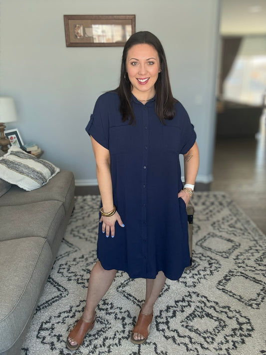 She + Sky Button Down Short Sleeve Woven Shirt Dress  in Navy