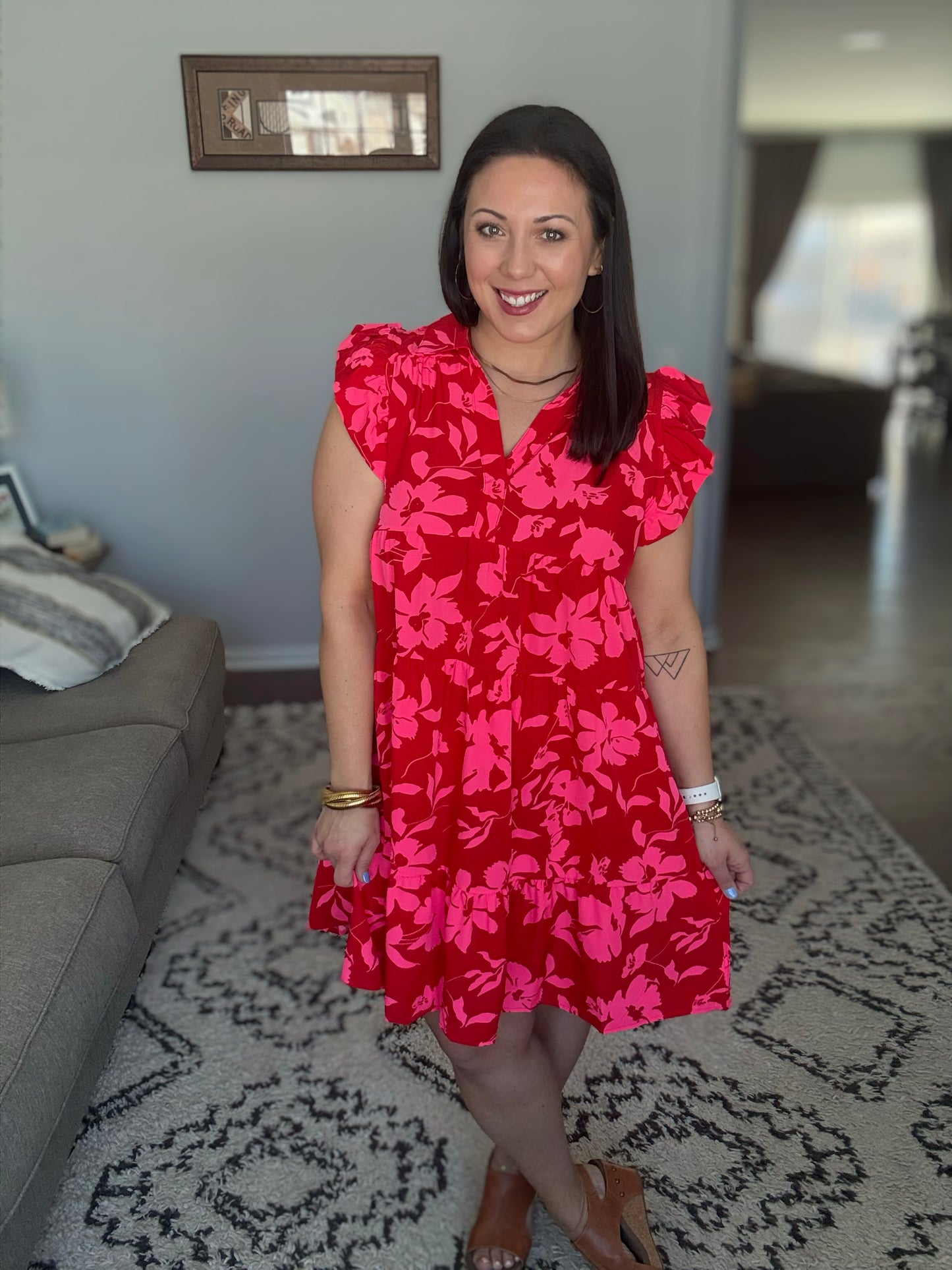Umgee Johnny Collar Ruffle Cap Sleeve Tiered Mini Dress in Red Floral