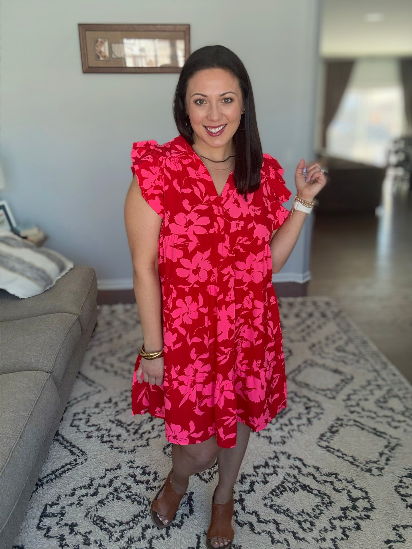 Umgee Johnny Collar Ruffle Cap Sleeve Tiered Mini Dress in Red Floral