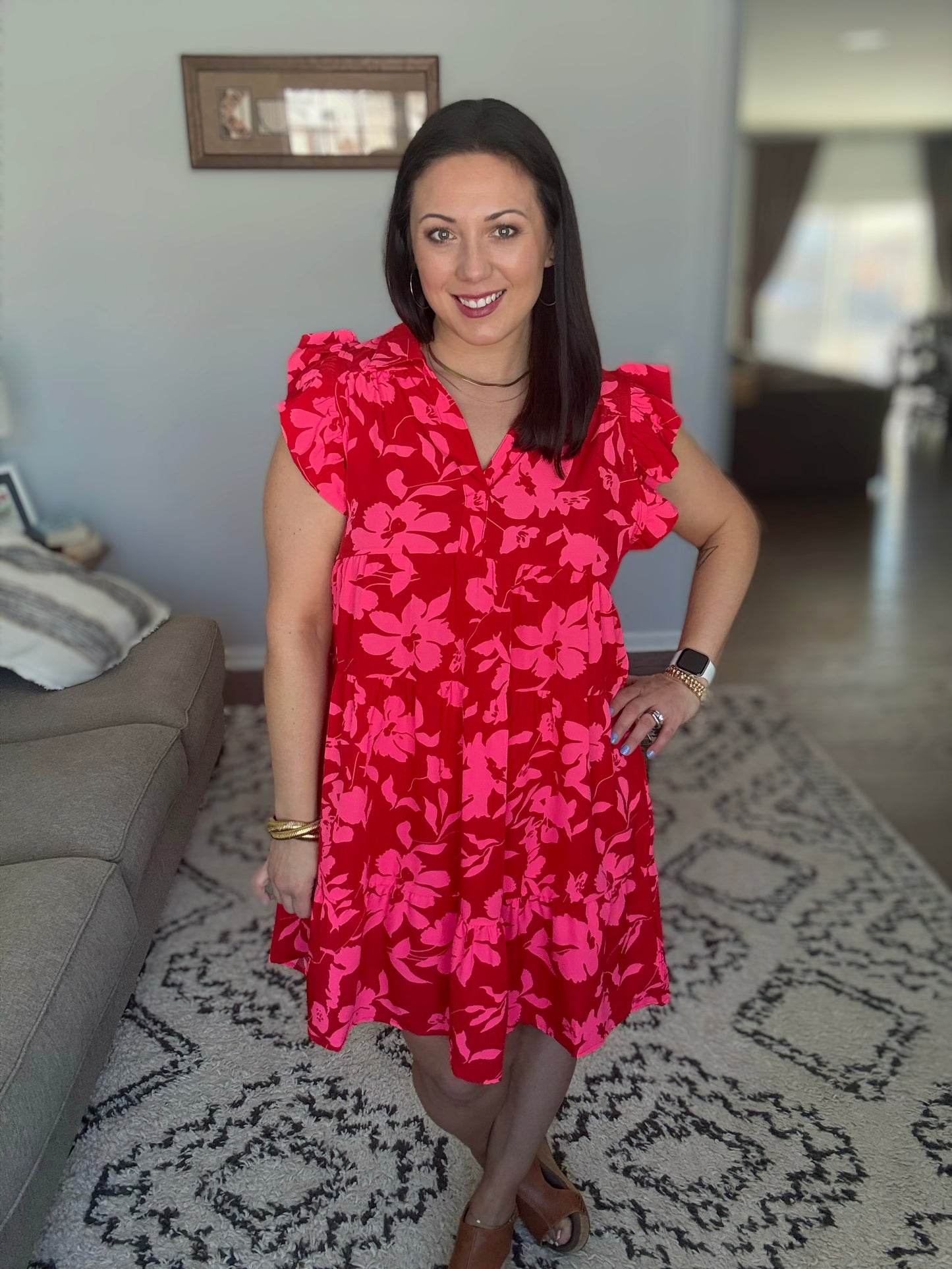 Umgee Johnny Collar Ruffle Cap Sleeve Tiered Mini Dress in Red Floral