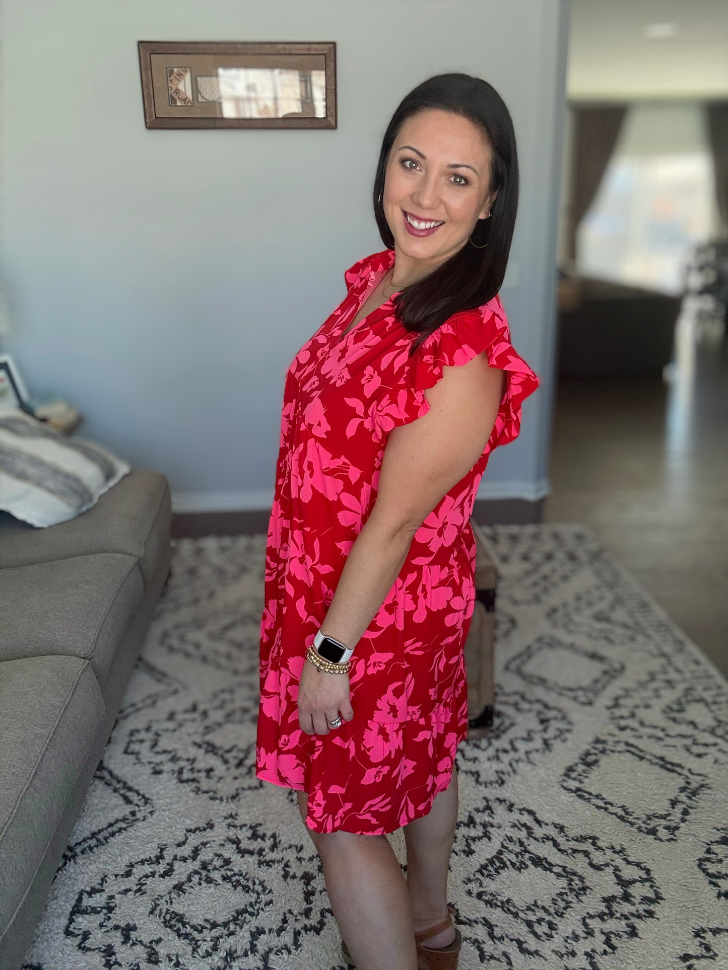 Umgee Johnny Collar Ruffle Cap Sleeve Tiered Mini Dress in Red Floral