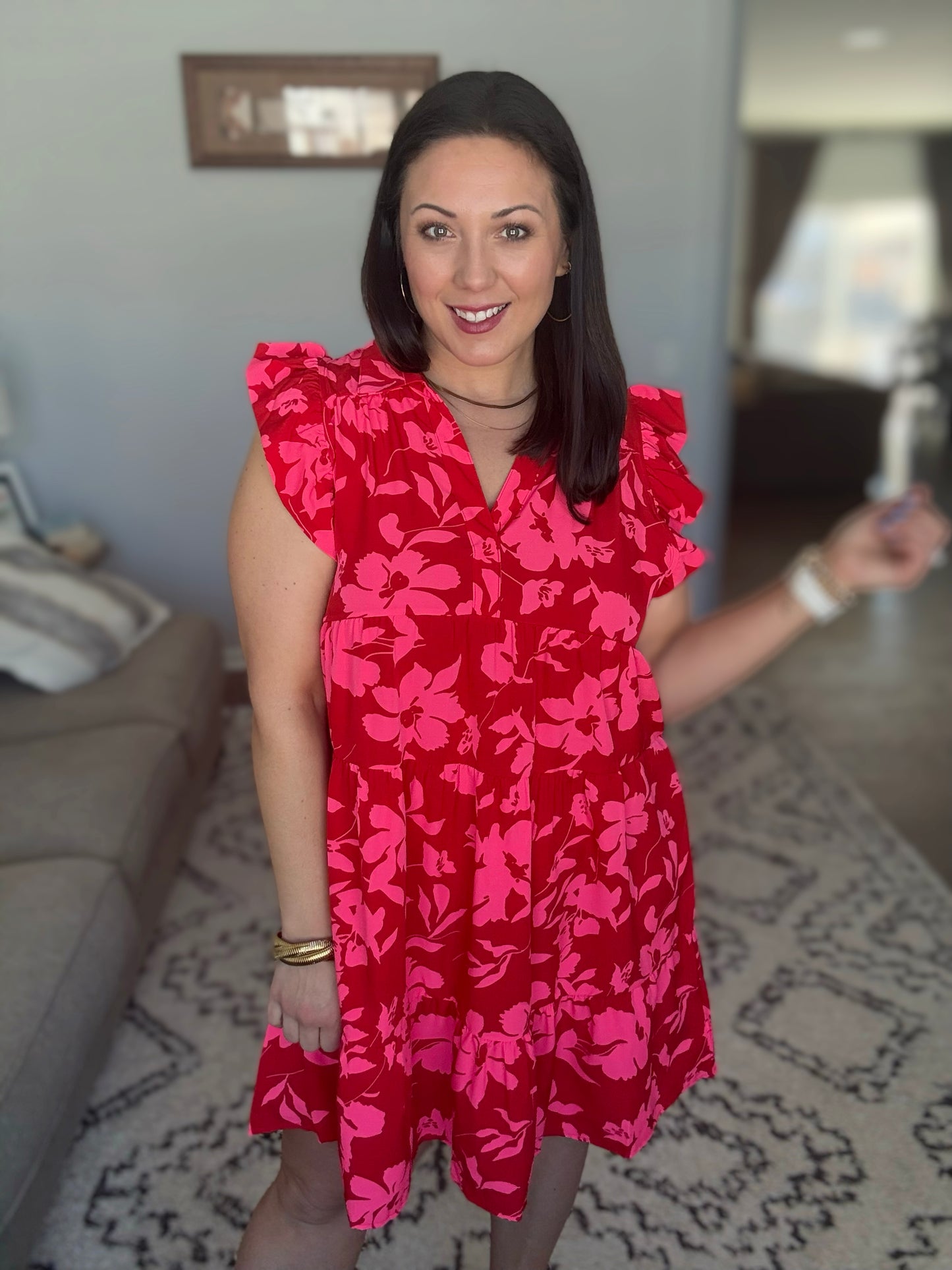 Umgee Johnny Collar Ruffle Cap Sleeve Tiered Mini Dress in Red Floral