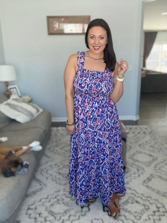 She + Sky Smocked Wide Strap Tiered Maxi Dress in Royal Blue Ikat