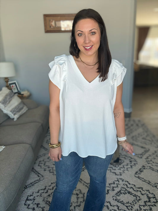 Umgee V-Neck Double Layered Ruffle Sleeve Blouse in White