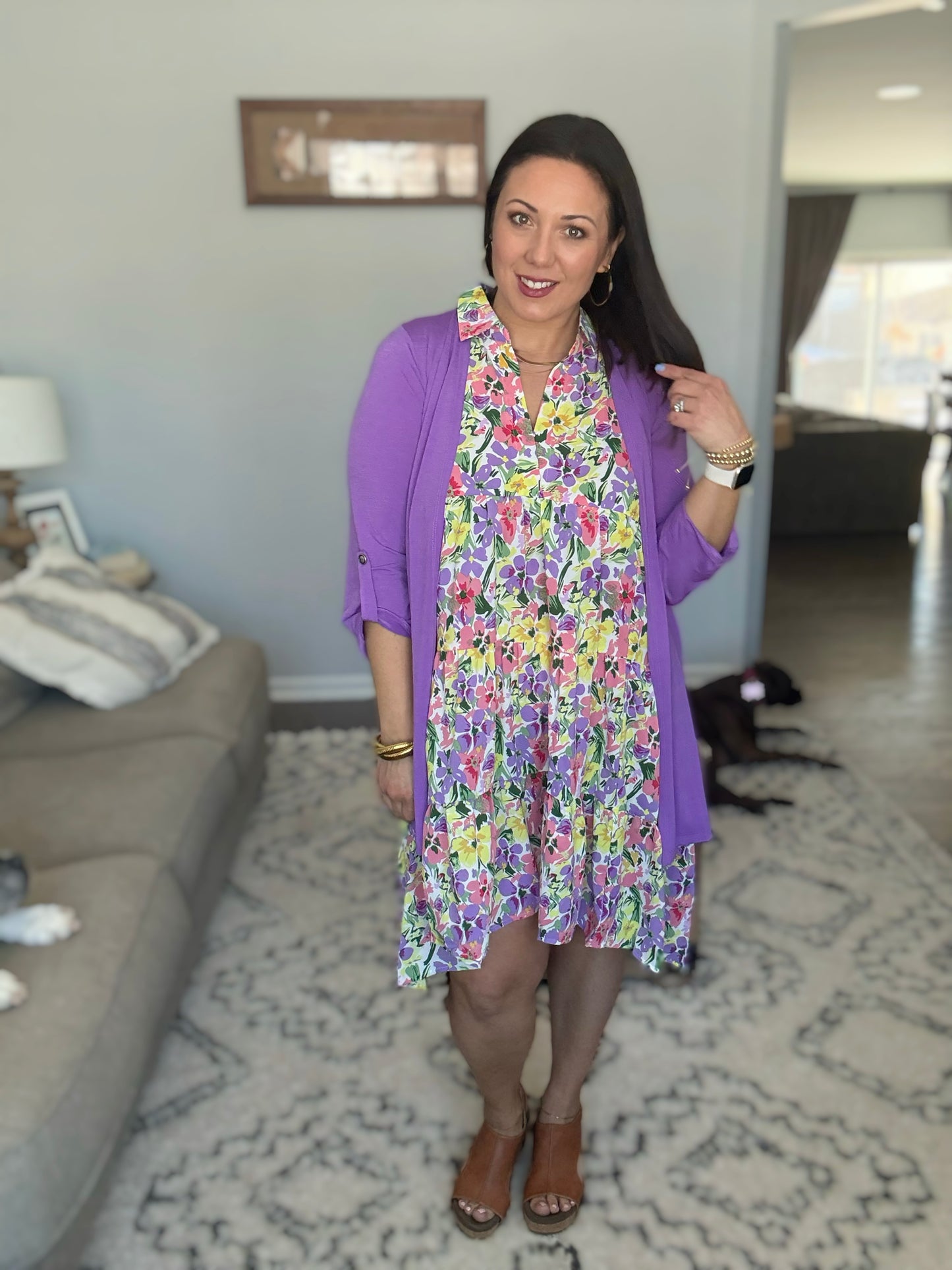 Umgee High-Lo Floral Sleeveless Tiered Dress in Violet Mix