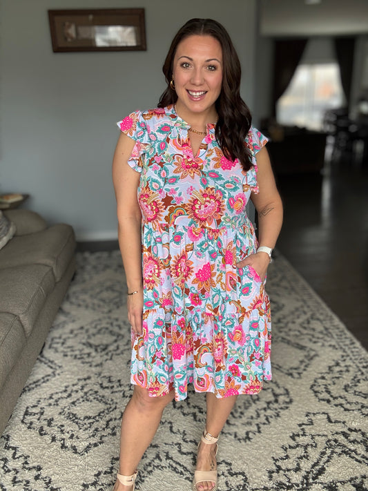 Lizzy Forever Flutter Sleeve Dress in Multi Floral Paisley