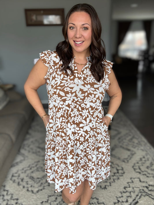 Lizzy Forever Flutter Sleeve Dress in Basic Mocha and White Floral