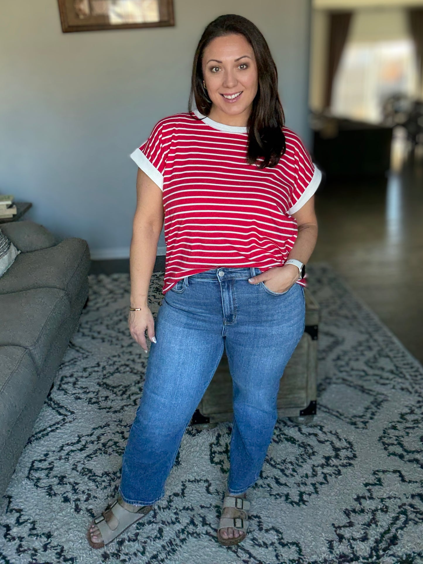 Zenana Full Size Contrast Trim Cap Sleeve Stripe Tee in Ruby