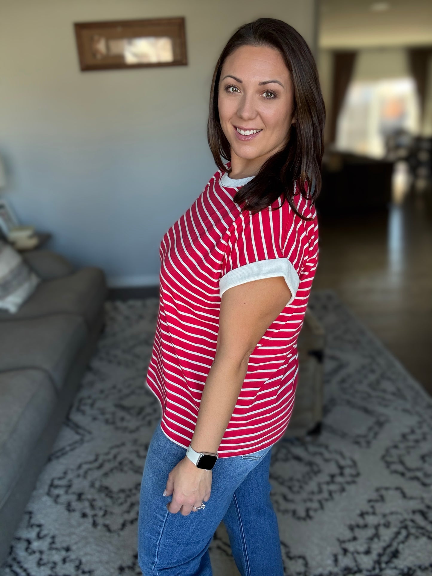 Zenana Full Size Contrast Trim Cap Sleeve Stripe Tee in Ruby