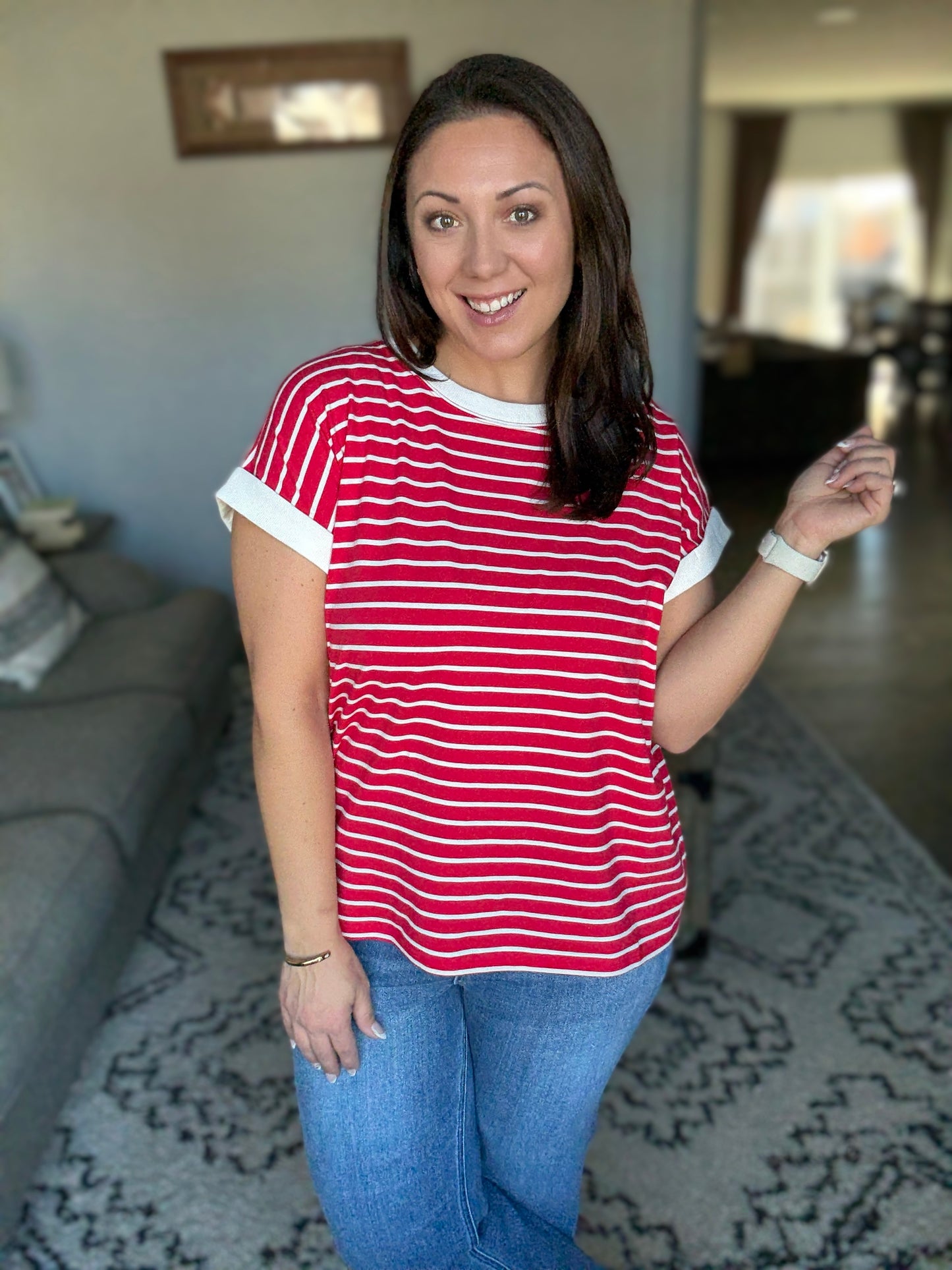 Zenana Full Size Contrast Trim Cap Sleeve Stripe Tee in Ruby