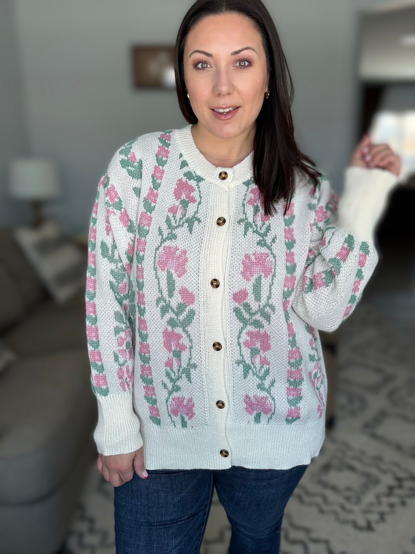 All For Love Ivory Jacquard Vertical Floral Button Down Cardigan
