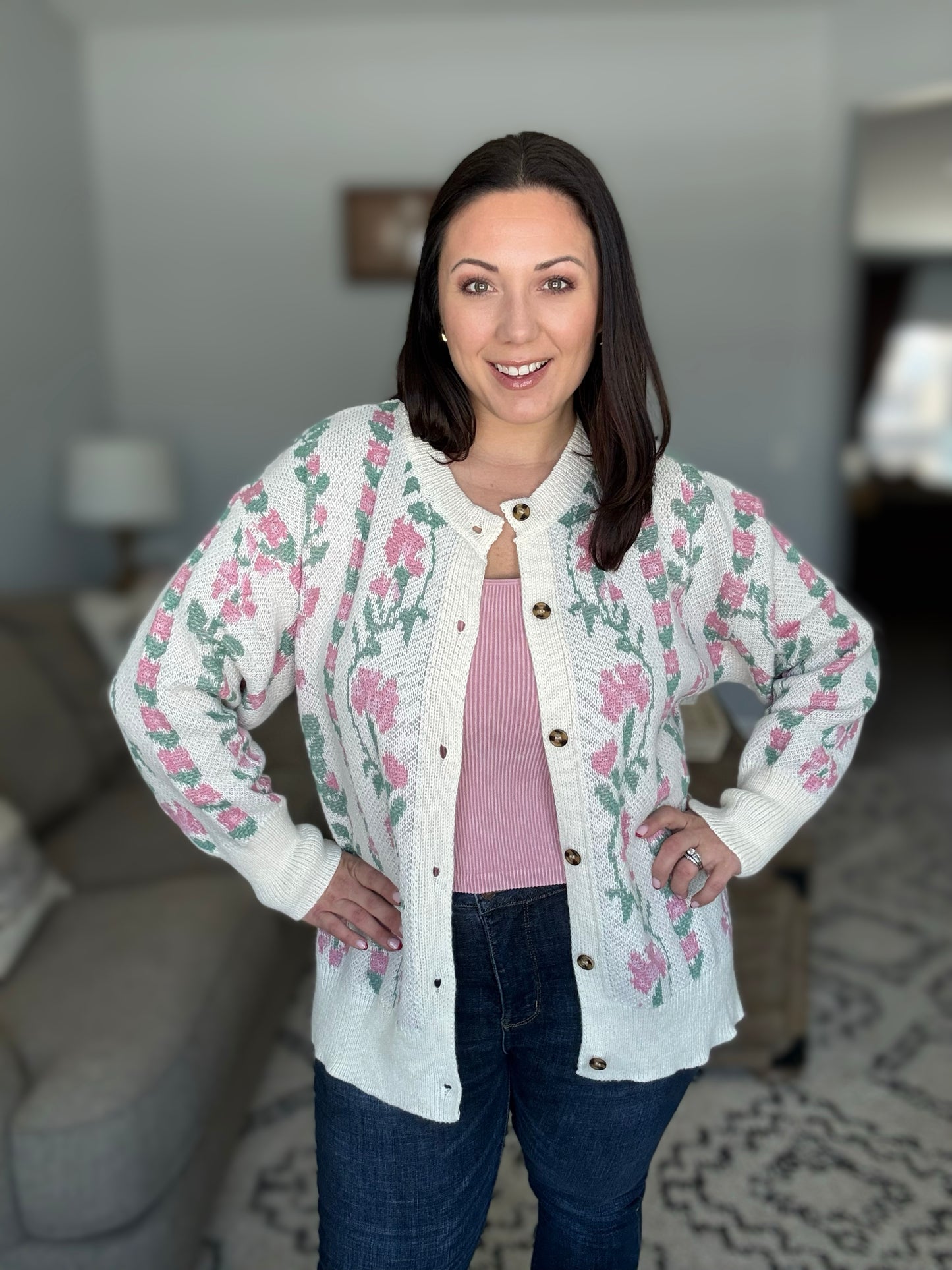 All For Love Ivory Jacquard Vertical Floral Button Down Cardigan