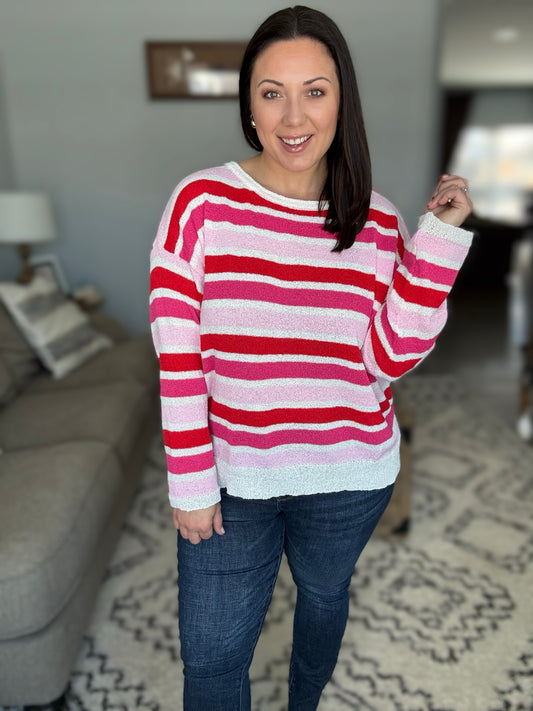 Follow Me Red/Pink Loose Knit Stripe Ribbed Pullover