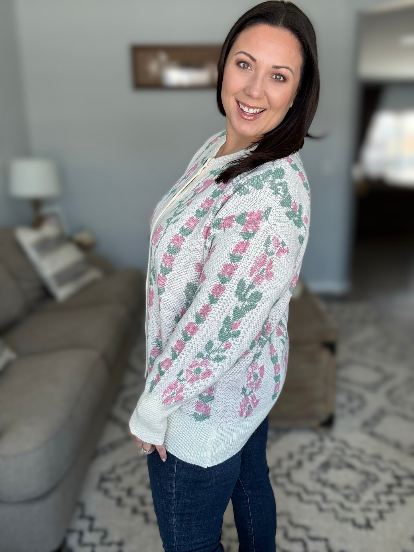 All For Love Ivory Jacquard Vertical Floral Button Down Cardigan