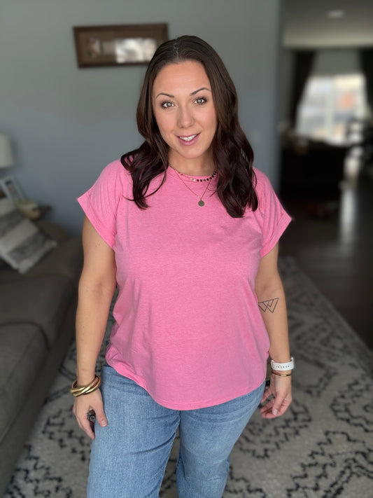 It Starts Here Basic Rolled Sleeve Tee in H Fuchsia