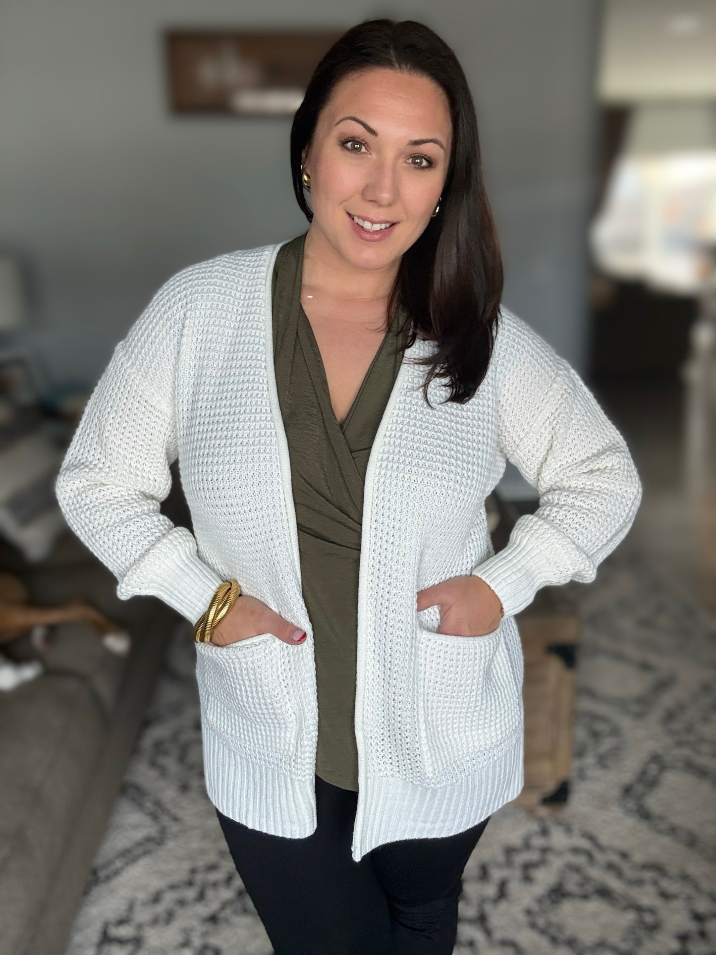 Everything Layer Waffle Knit Open Front Cardigan in Ivory