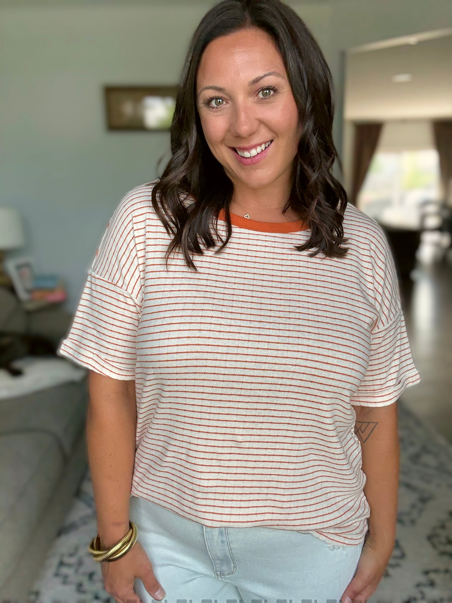 Sunbeam Shuffle Banded Round Neck Top in Orange