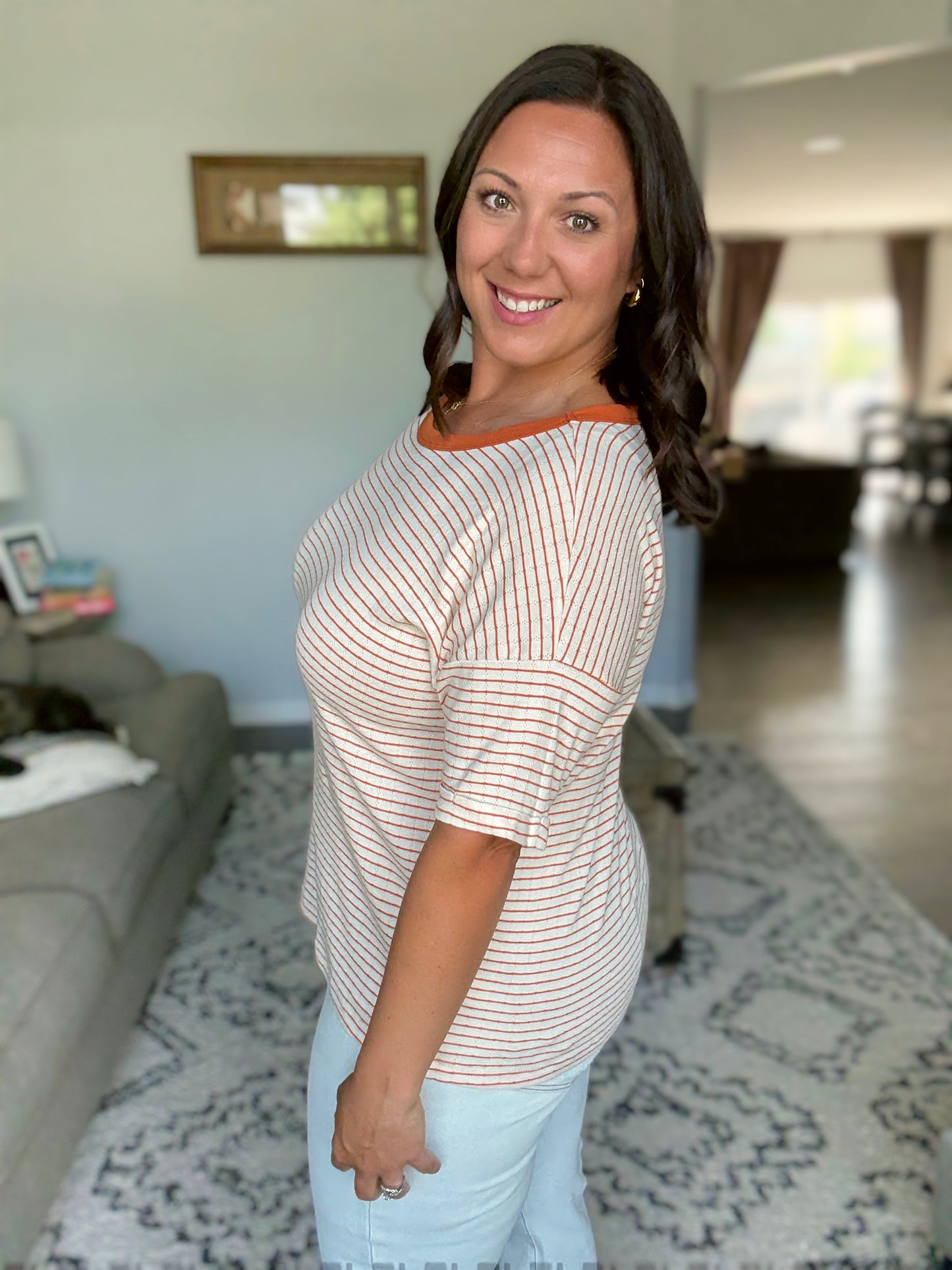 Sunbeam Shuffle Banded Round Neck Top in Orange