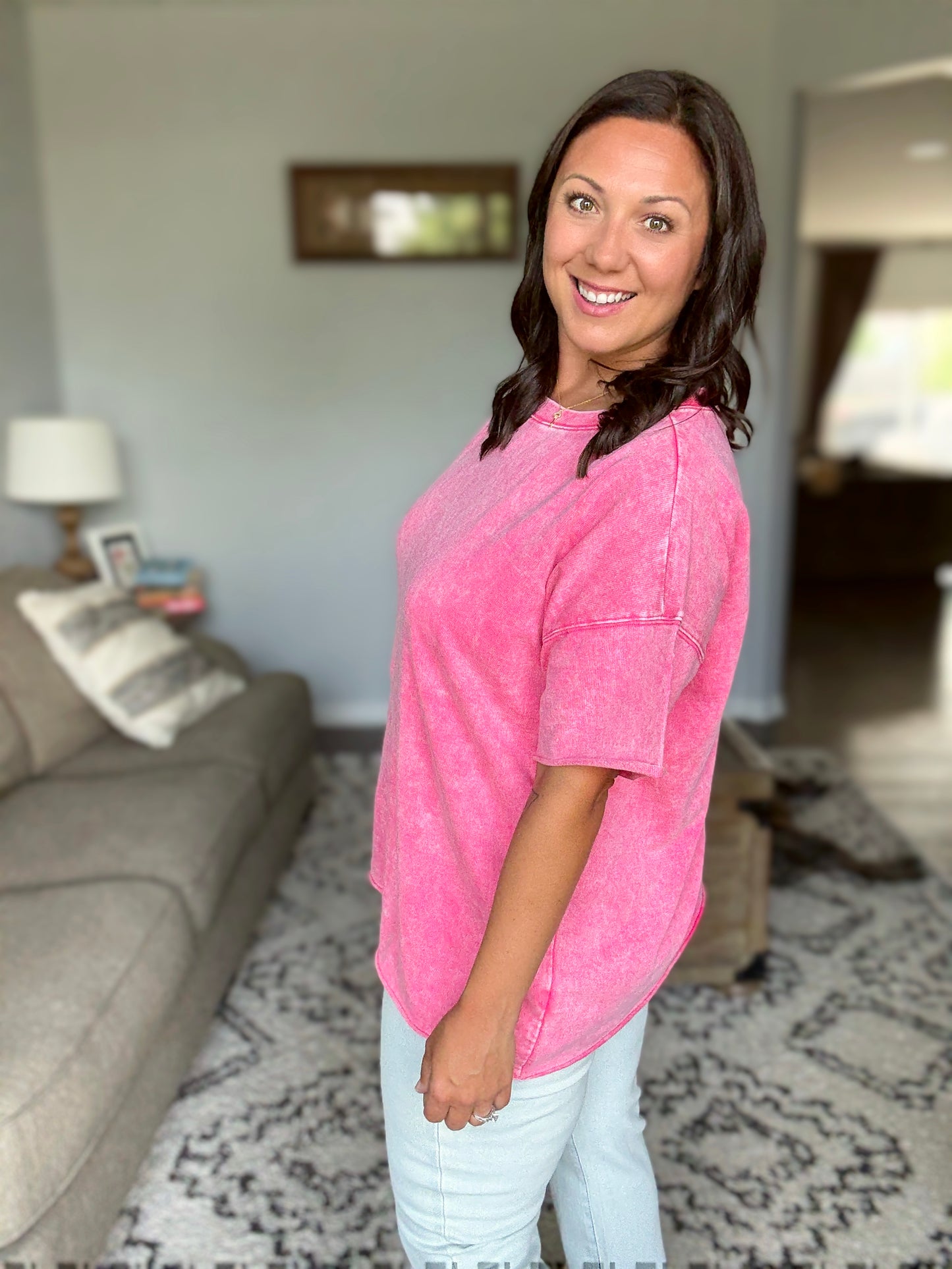 Just My Type Mineral Wash Relaxed Top in Fuchsia