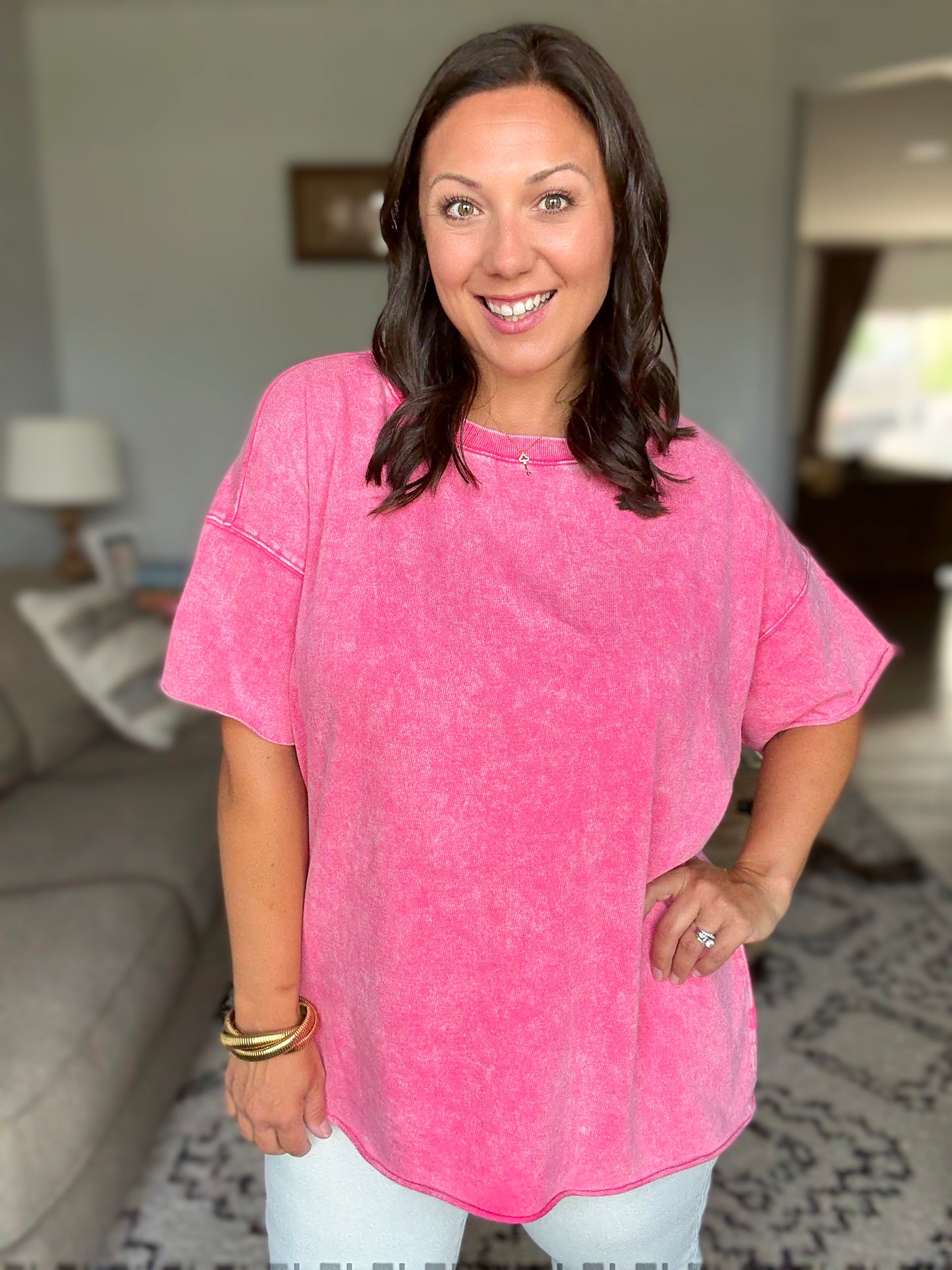 Just My Type Mineral Wash Relaxed Top in Fuchsia