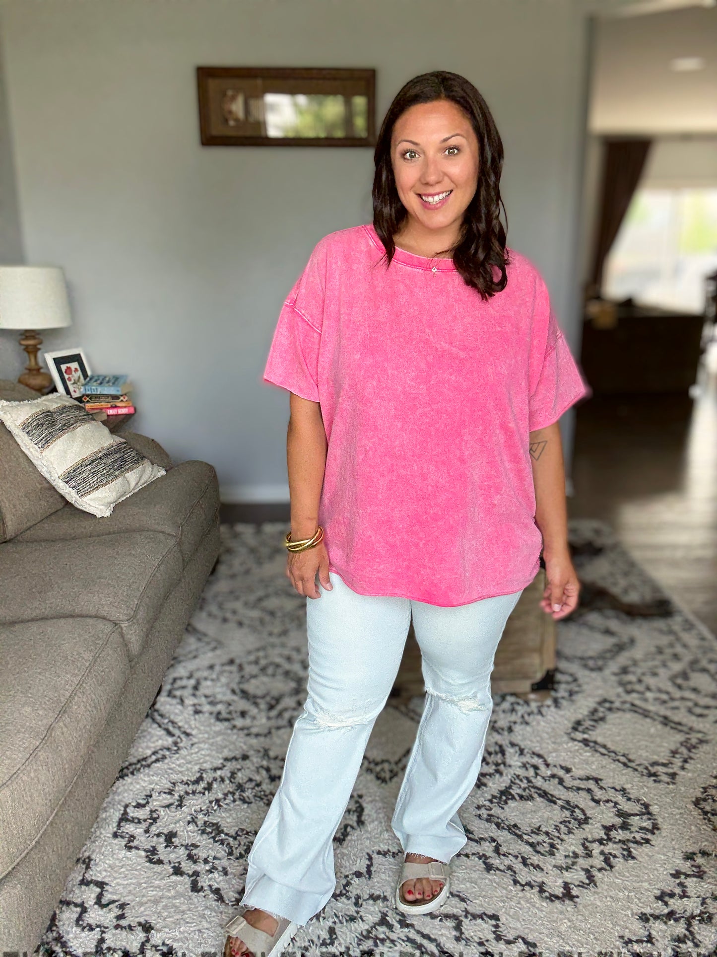 Just My Type Mineral Wash Relaxed Top in Fuchsia