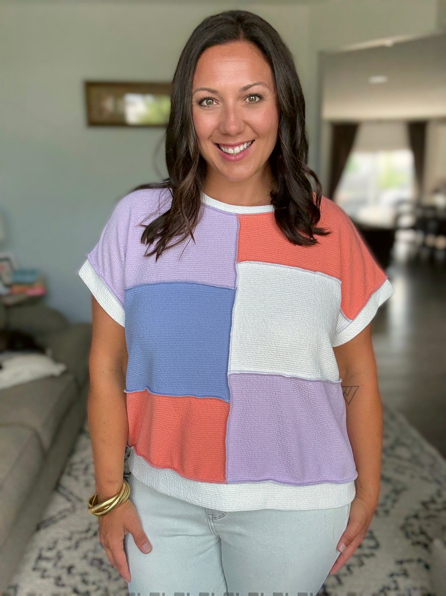 Contrast Club Color Block Top in Lilac, Orange and Denim