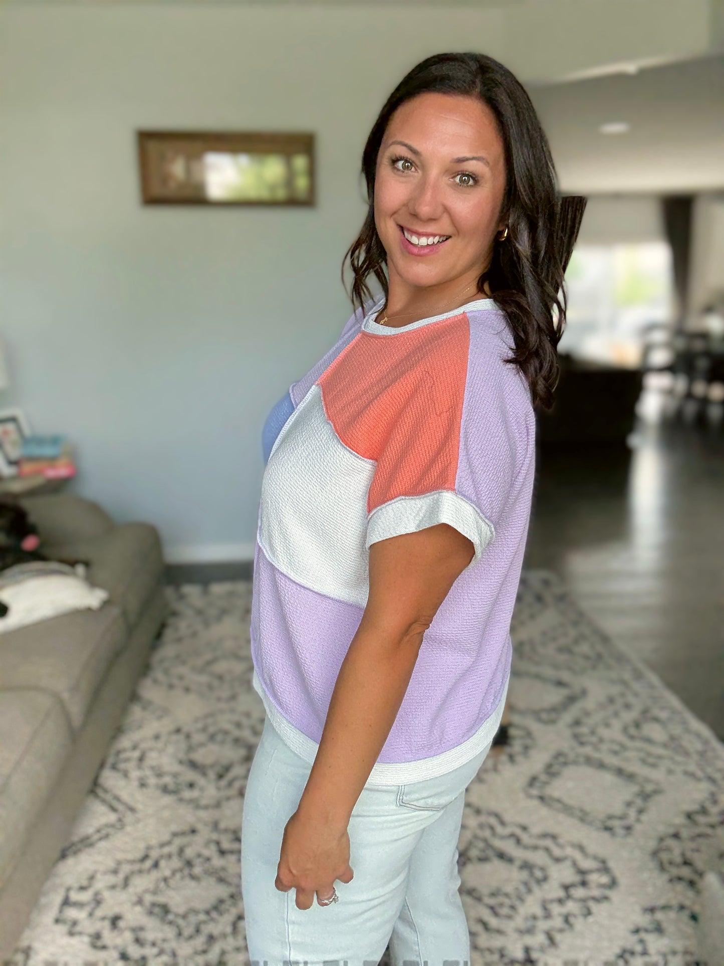 Contrast Club Color Block Top in Lilac, Orange and Denim
