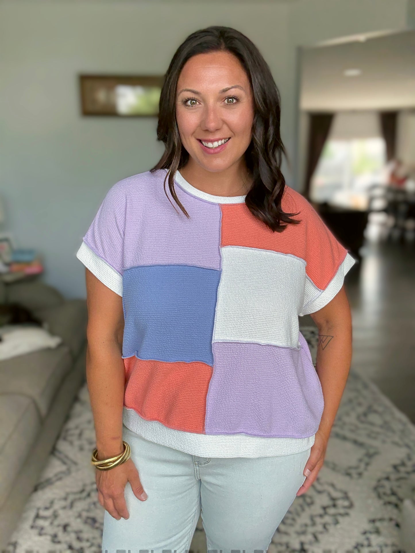 Contrast Club Color Block Top in Lilac, Orange and Denim