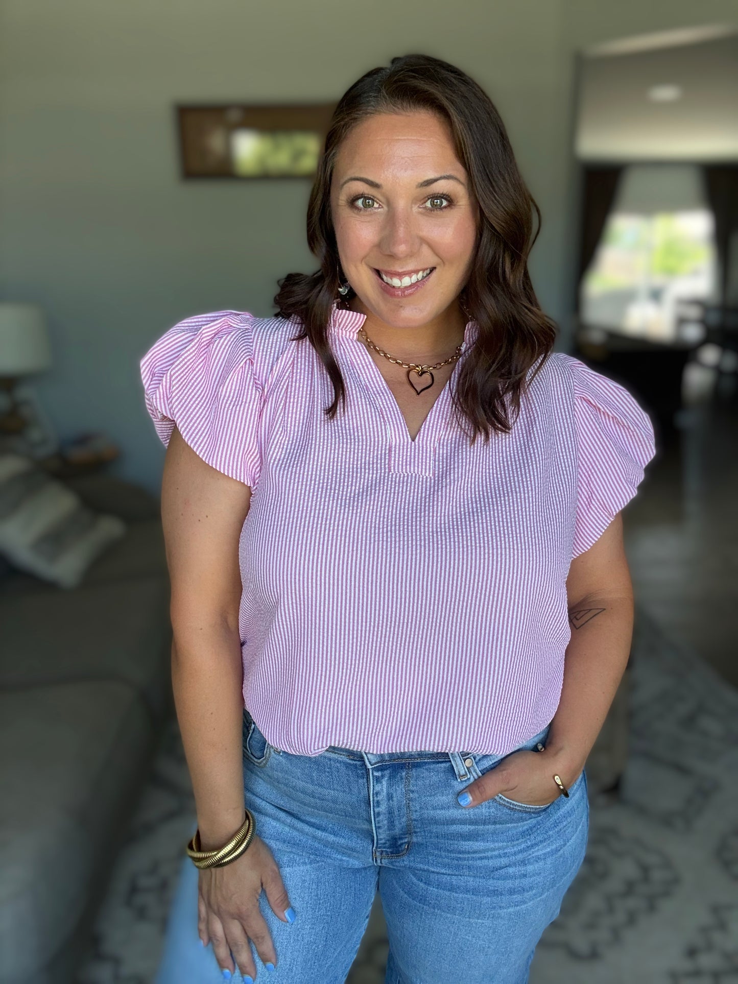 Beauty & Brains Textured Split Neck Blouse