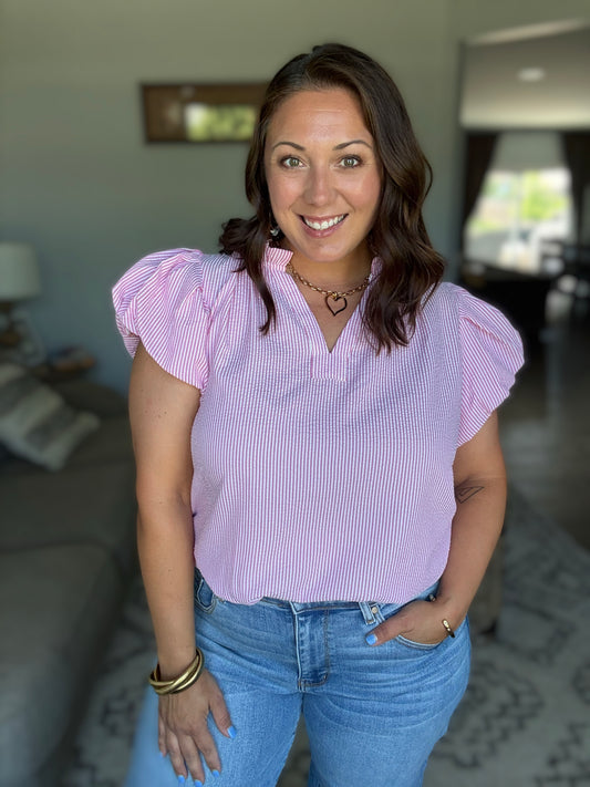 Beauty & Brains Textured Split Neck Blouse