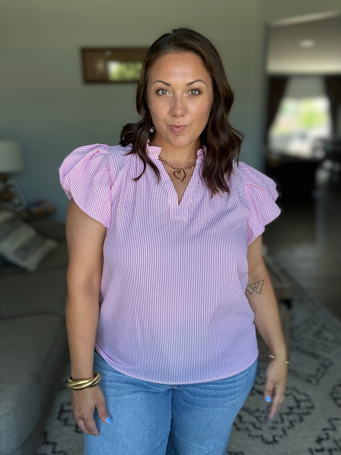 Beauty & Brains Textured Split Neck Blouse