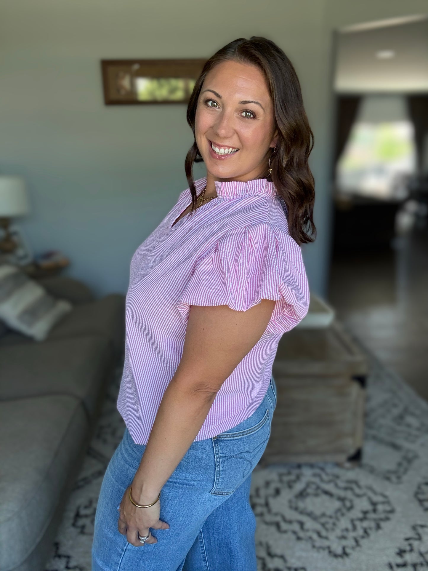 Beauty & Brains Textured Split Neck Blouse