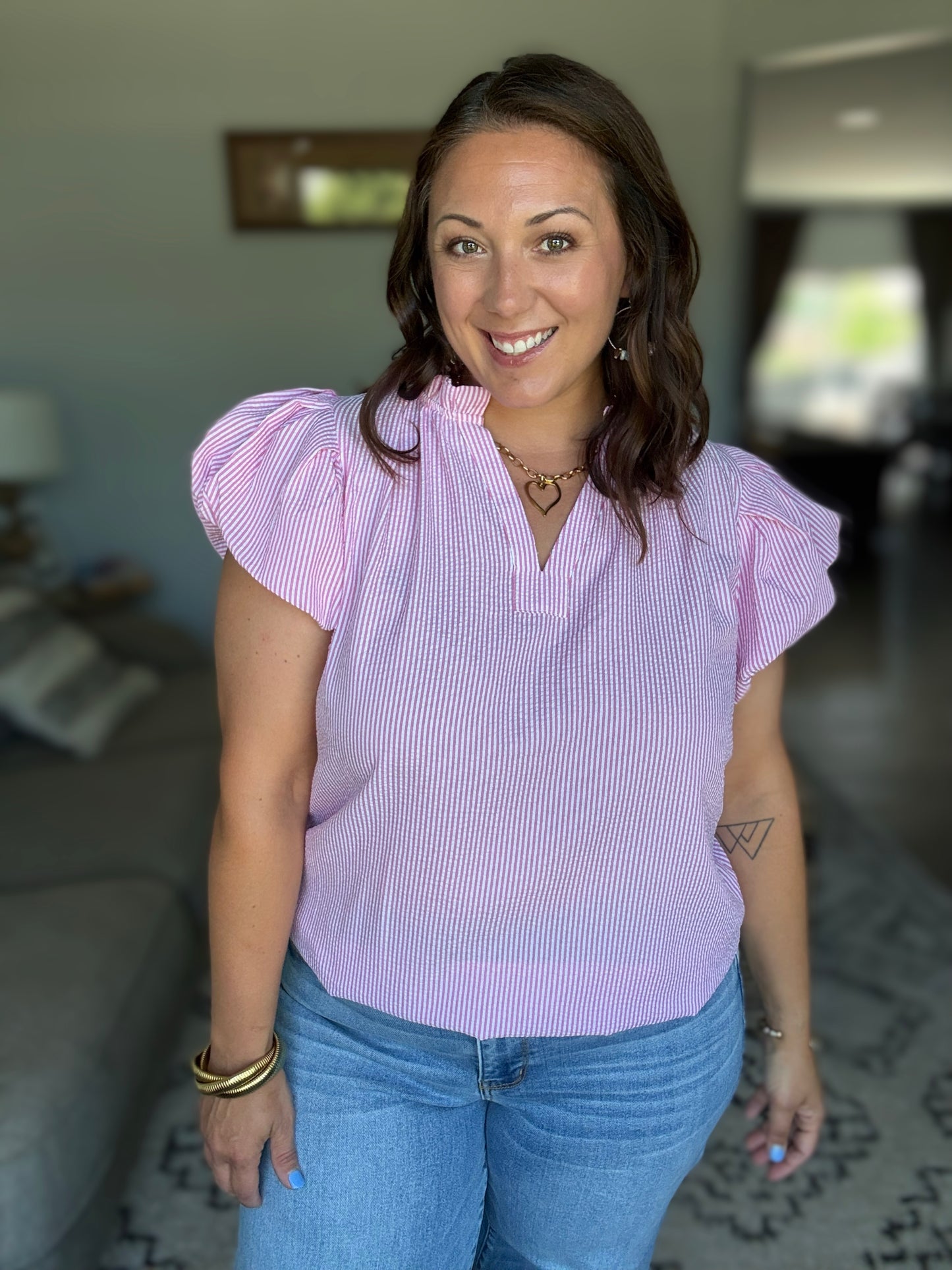 Beauty & Brains Textured Split Neck Blouse