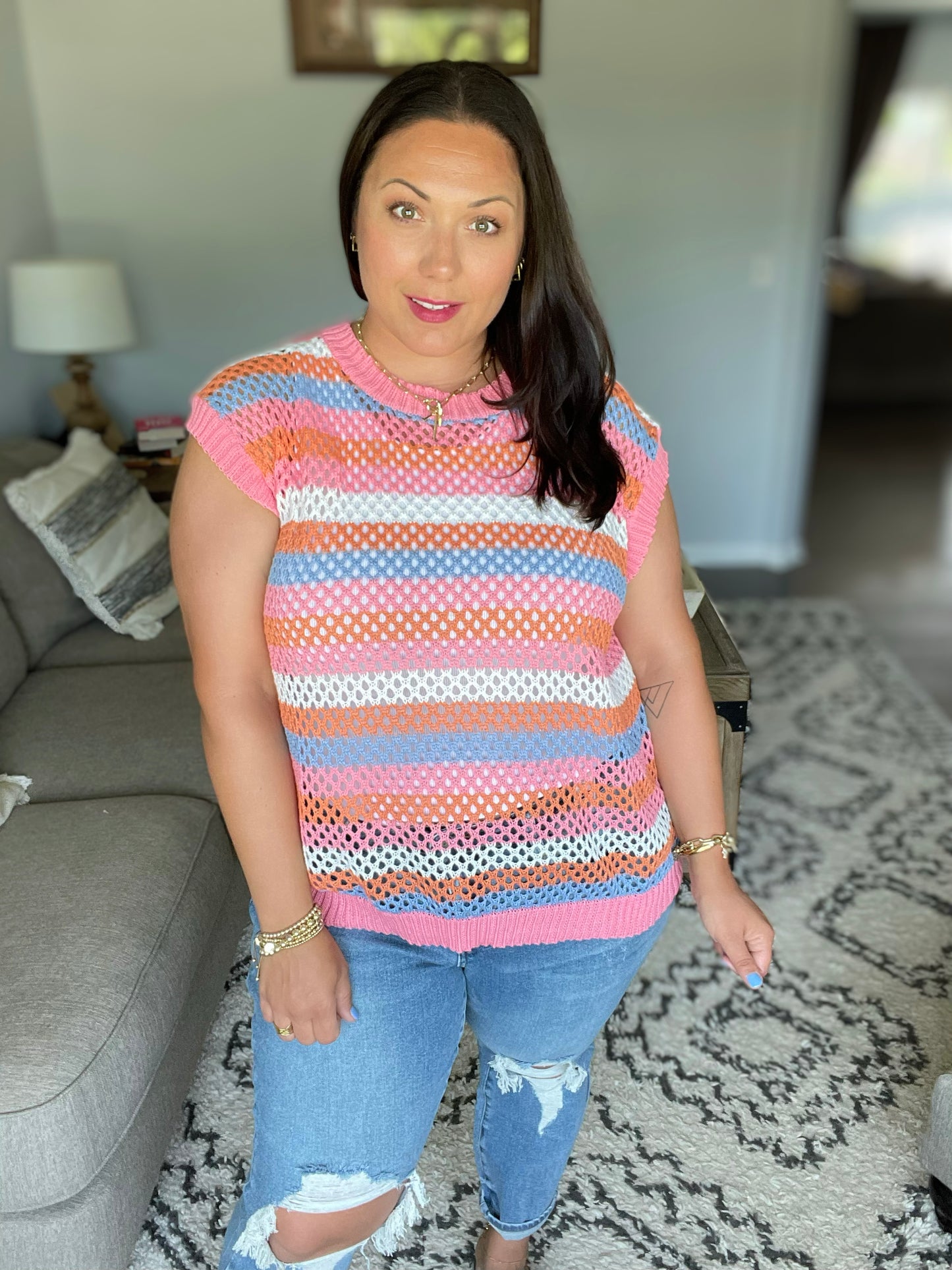 Pretty In Pink & Blue Striped Netted Crochet Dolman Sweater Top