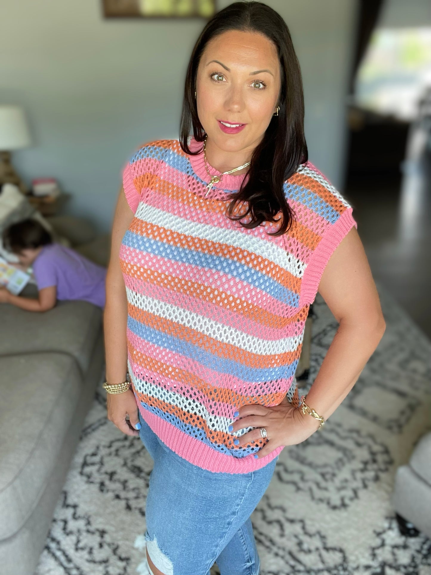 Pretty In Pink & Blue Striped Netted Crochet Dolman Sweater Top