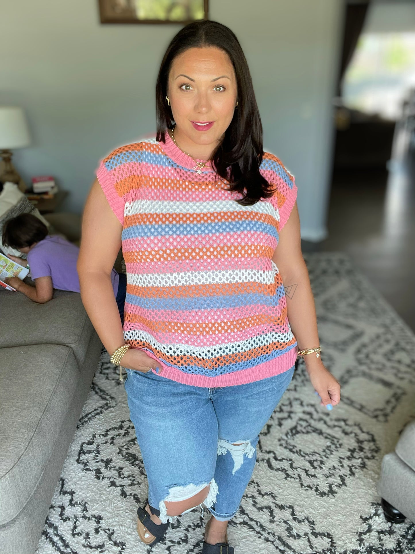 Pretty In Pink & Blue Striped Netted Crochet Dolman Sweater Top