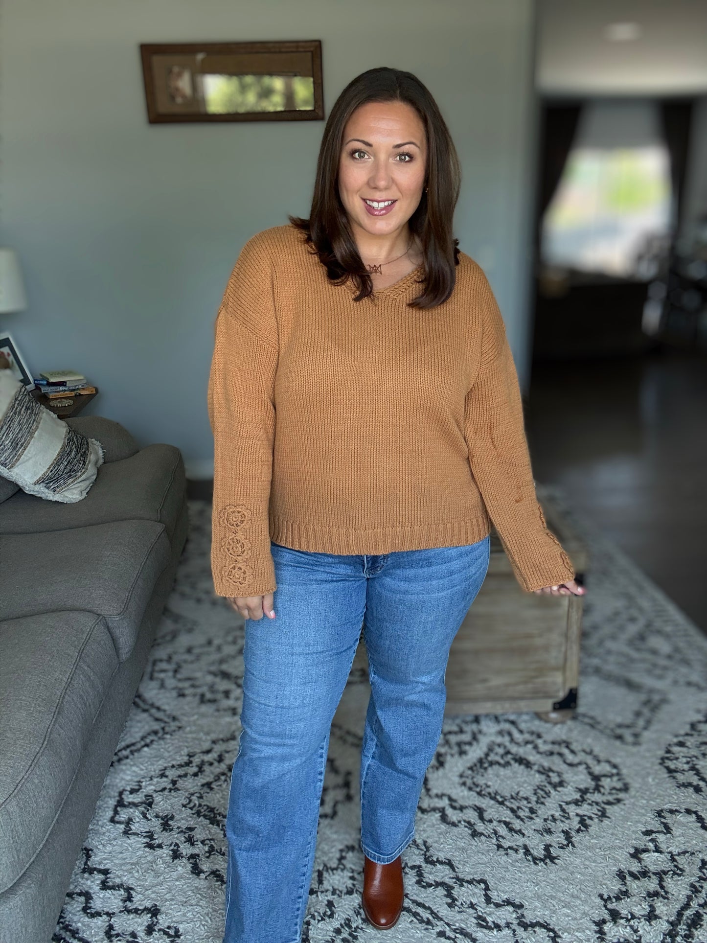 Michelle Mae Crochet Sleeve Top - Camel